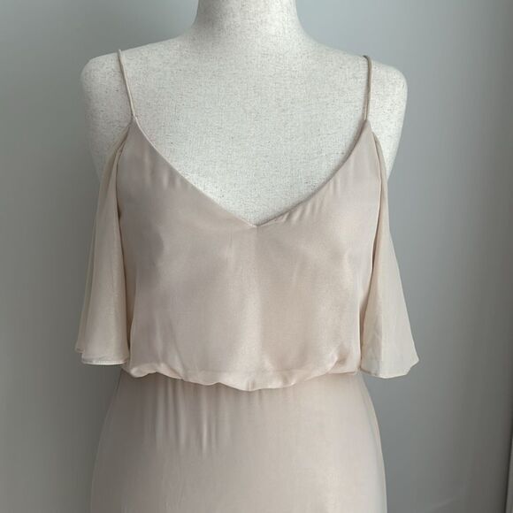 After Six Lux Shim V Neck Cold Shoulder Flounce Dress Bridesmaid in Gold Sz.10L - Picture 3 of 11